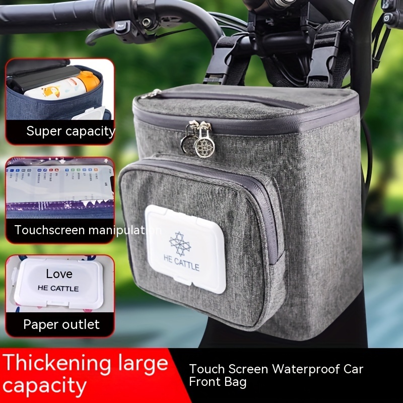 

Large Capacity Electric Bike Storage Bag, Waterproof Front Handlebar Bag With Touch Screen Phone Holder, Bicycle Scooter Hanging Pouch With Cup Area & Paper Outlet