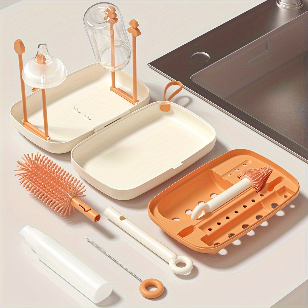 

Silicone Bottle Brush And Brush With Storage Box, Draining Rack, And Straw Brush, Home And Travel Use