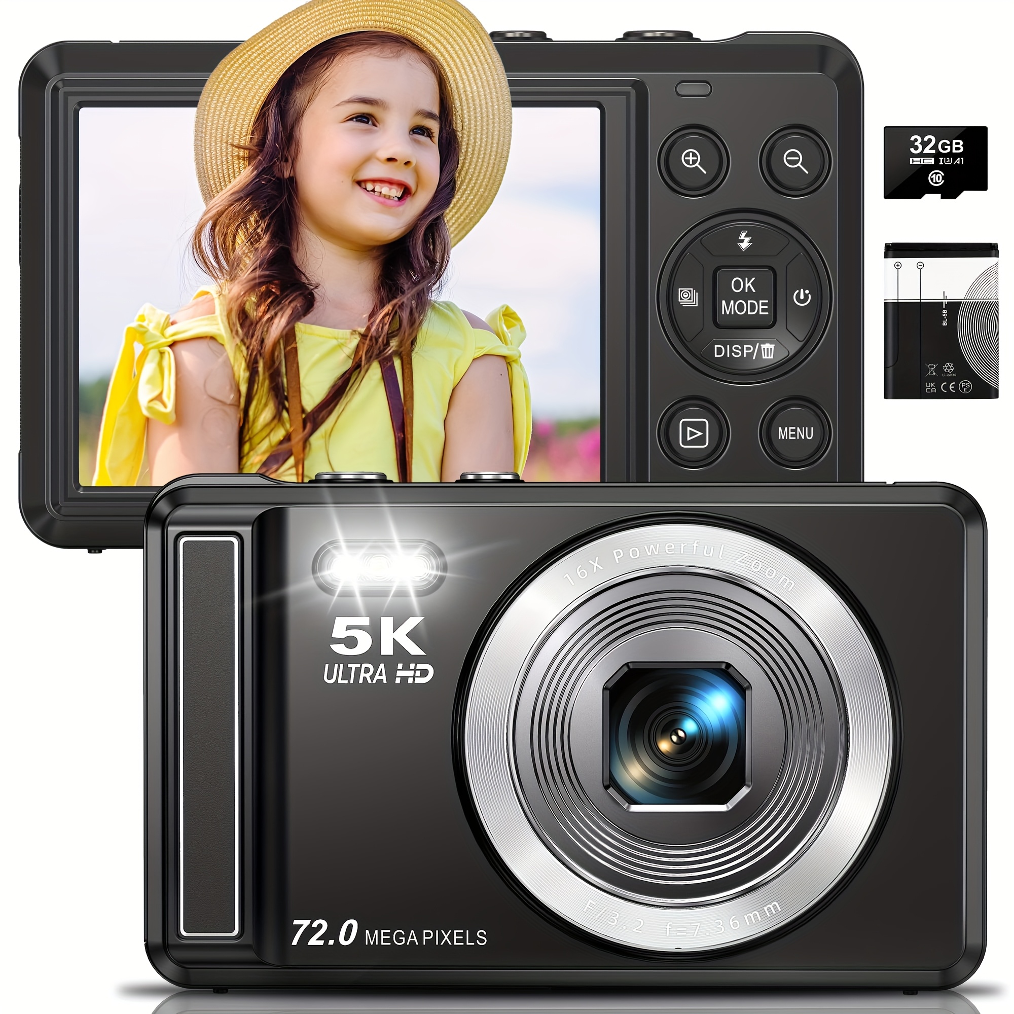5* Camera -72MP Ultra HD Digital Camera for Photography Small Camera for  Student Use with Auto Focus and Spot Shooting with Flash Compact Portable 