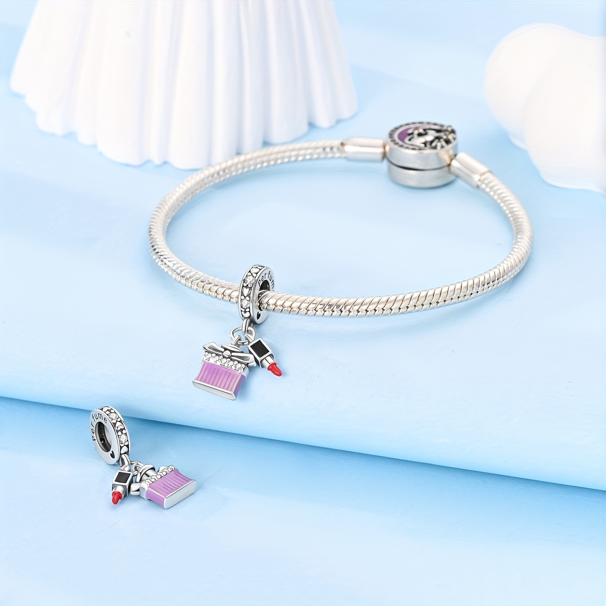 925 Silver Bow Perfume Bottle Lipstick Charms for Bracelet Necklace