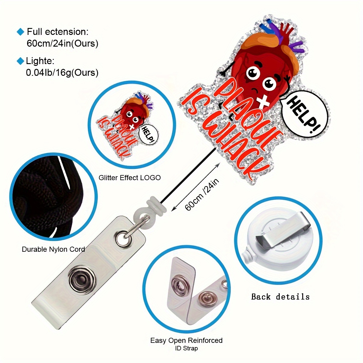 1pc Retractable Plaque Is Whack Badge Reel with Clip, Funny Silvery Glitter Cartoon Heart Badge Holder Gift for Doctors Nurses Cath Lab