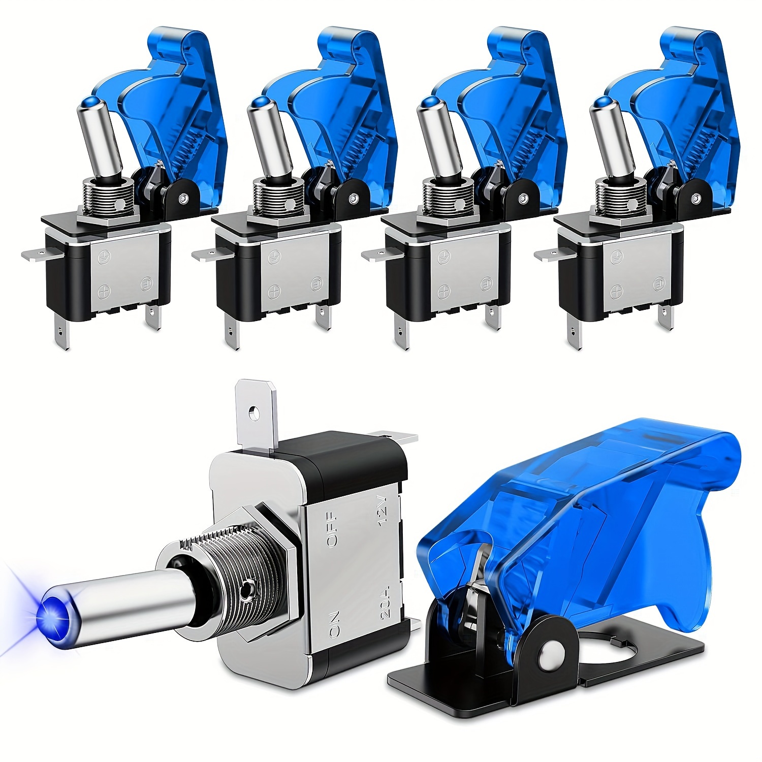 5pcs Led Toggle Switch On Off 12v Blue Lighted Aircraft Safety Cover Heavy Duty 20a 3 Pin Rocker For Automotive Cars Trucks Boats Racing Cars Nilight, Without Battery