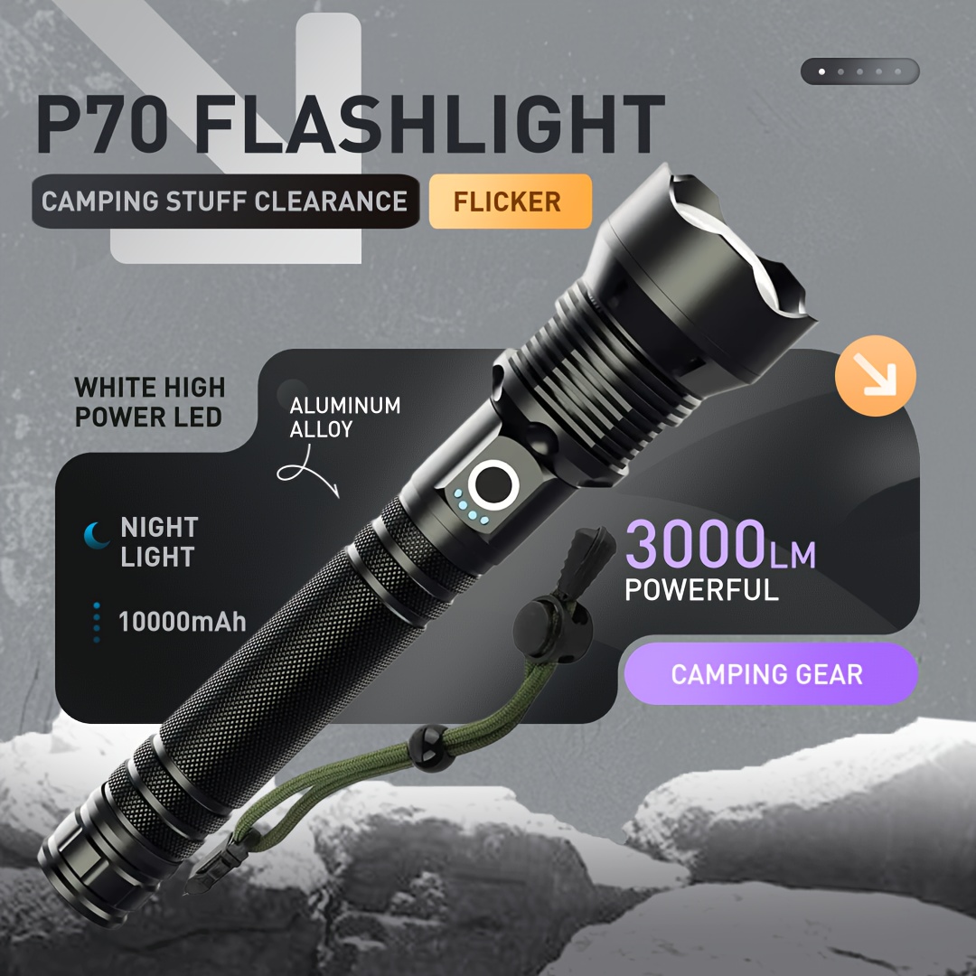 Lampe Torche LED P70 Ultra Puissante Rechargeable - Noire, Camping Et Tactique