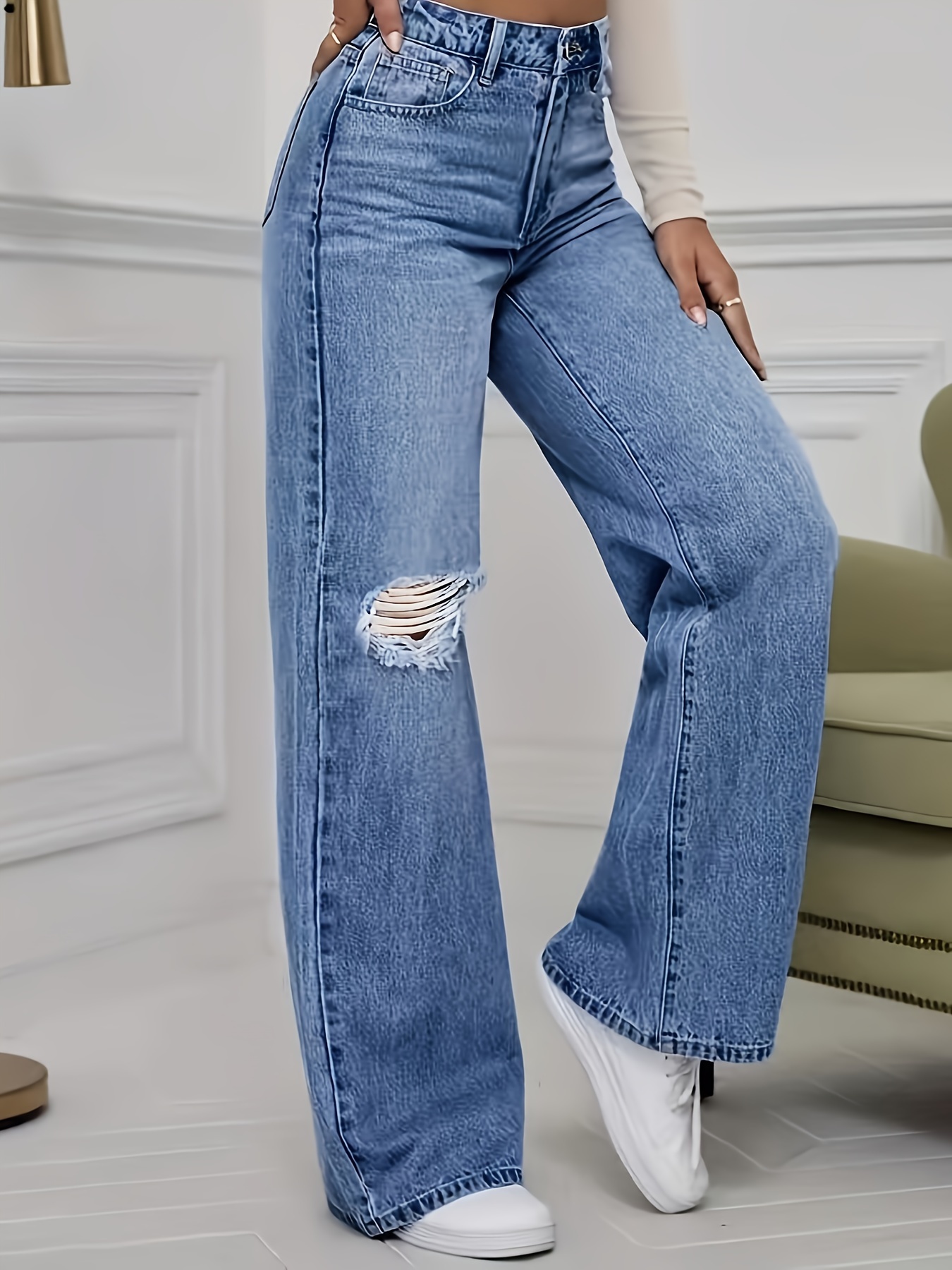 Casual Plain Ripped Denim Jeans, High Rise Button Fly Loose Fit Denim Pants, Women's Denim Jeans & Clothing
