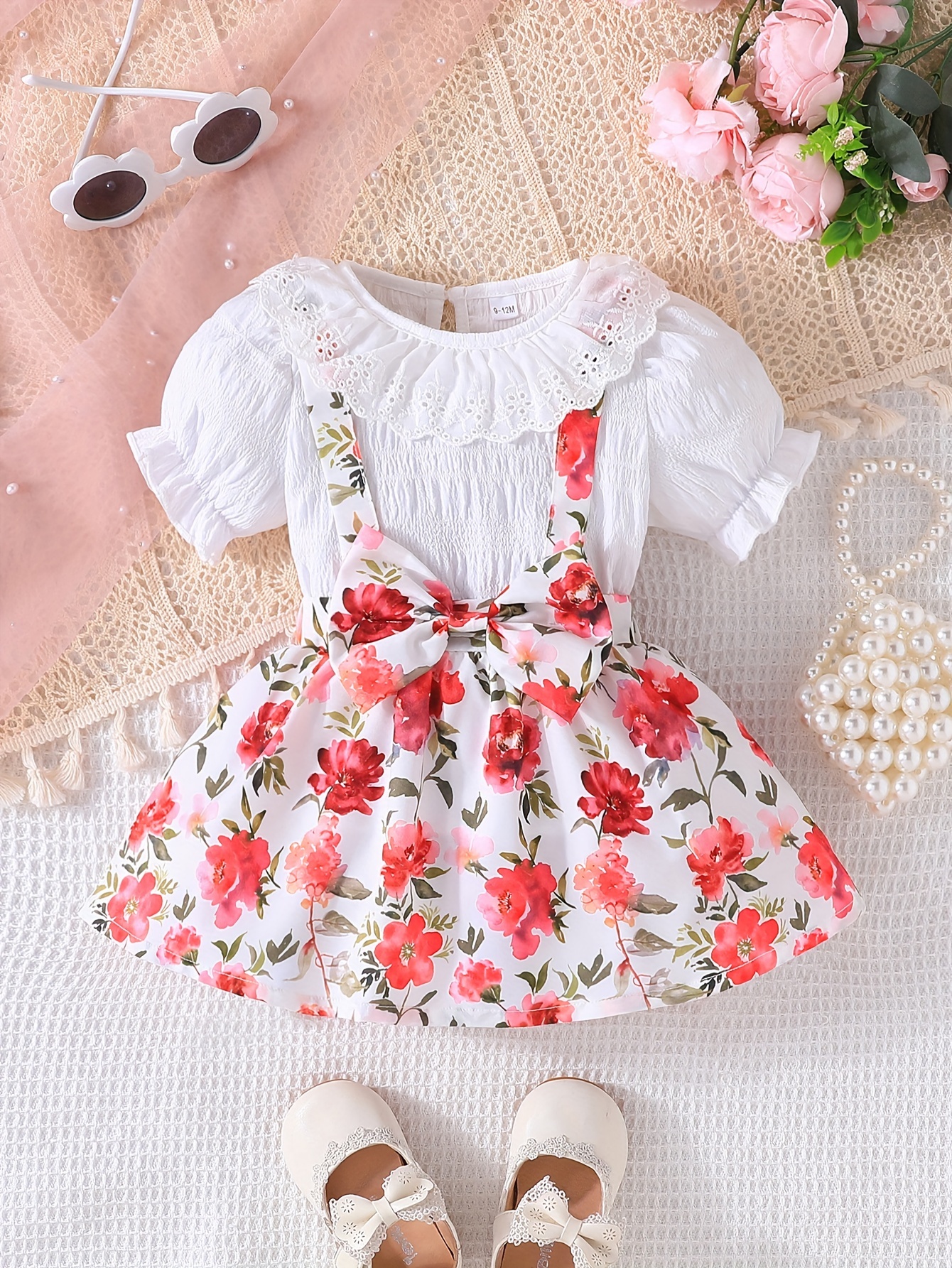 Baby Girl Solid Textured Puff Sleeve Bowknot Dress