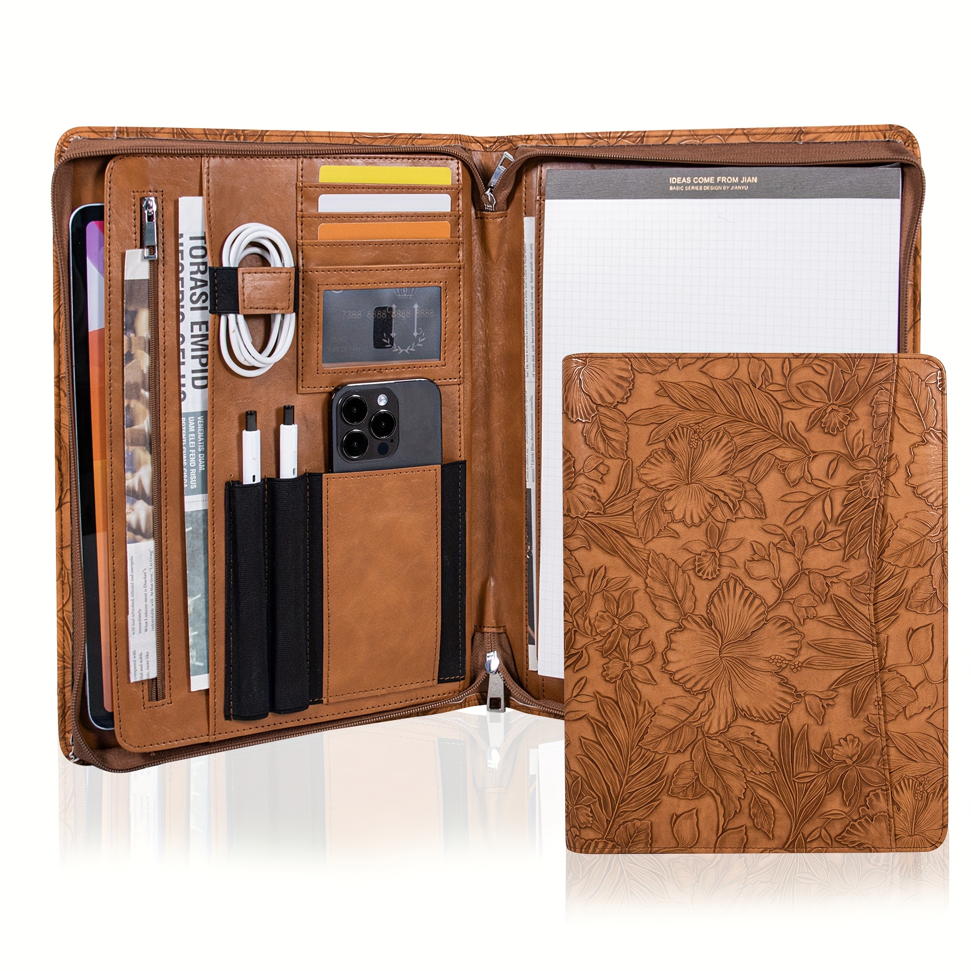TEMU Stylish A4 Brown Pu Leather Briefcase, Embossed Document Organizer With Zipper Closure, Multifunctional Business Portfolio For School Or Work,