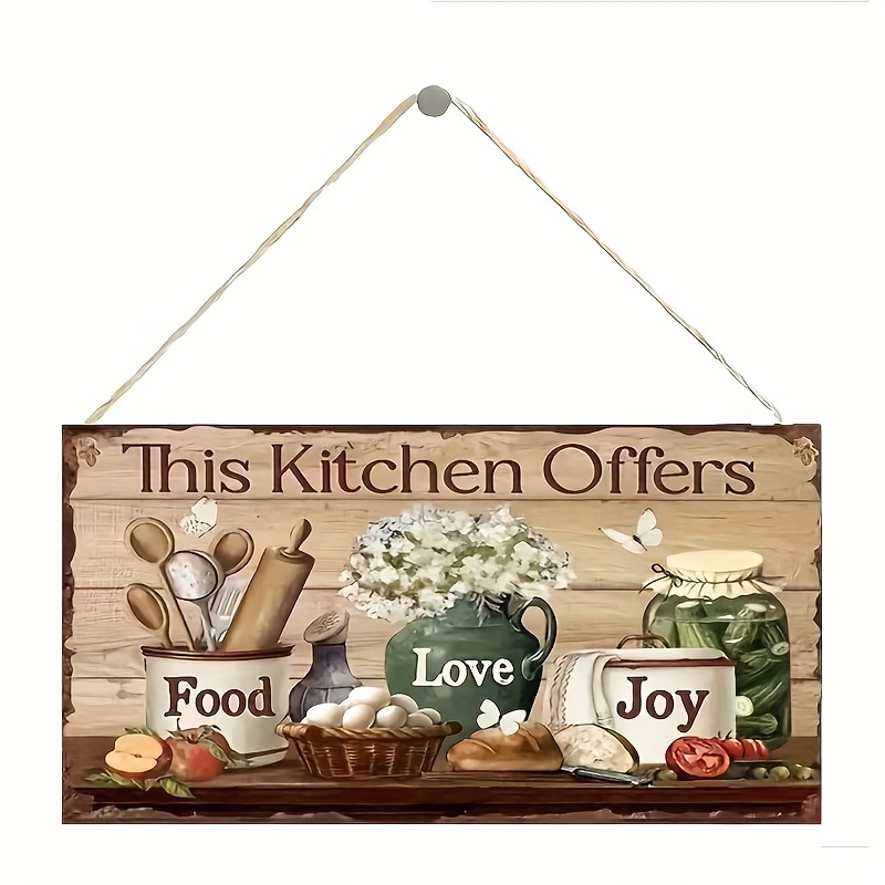

1pc, Vintage Kitchen Wooden Sign - White Floral And Tableware Design With Easy Hanging Rope, Home Decor Kitchen Decoration And Accessories Kitchen Decoration