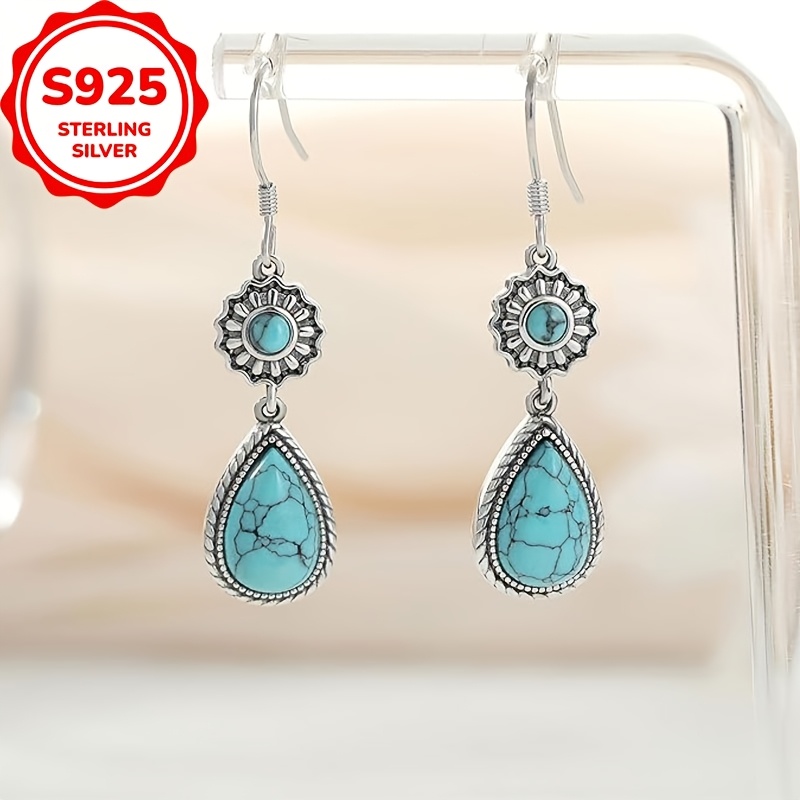 925 Sterling Silver Teardrop Dangle Earrings, Bohemian Turquoise Inlay