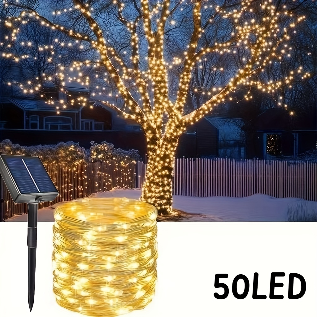 TEMU Guirnalda de luces LED de solares con alambre de cobre y batería de litio, 50/100/200 LED, luces decorativas de exterior para jardín, adecuadas