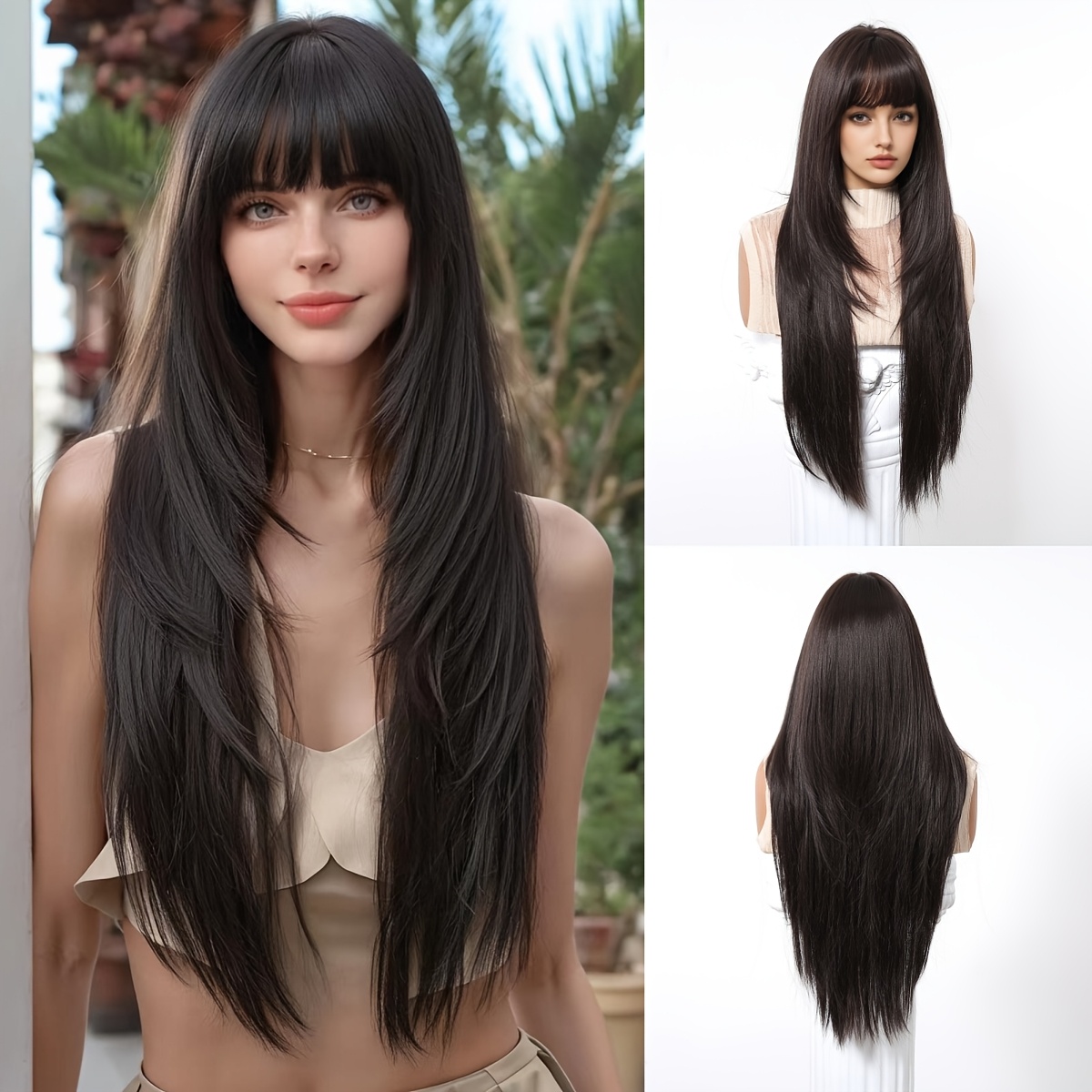 

A Stylish 28-inch Wig In Black And Brown With Bangs, Made From Soft Synthetic Material, Use, Halloween, Christmas, Music Festivals, Cosplay, And .