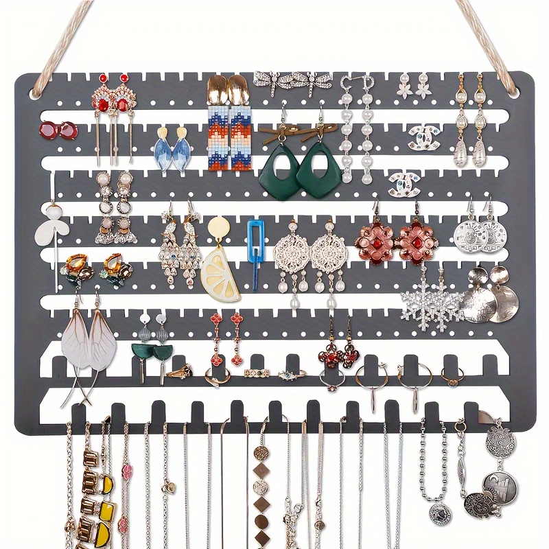 

Wall-mounted Wood Jewelry Organizer, Rectangle Earrings Holder Rack, Necklace Hanger, Stud & Drop Earrings Display, Dangle Jewelry Storage Tower With Mounting Hooks, Use Without Electricity