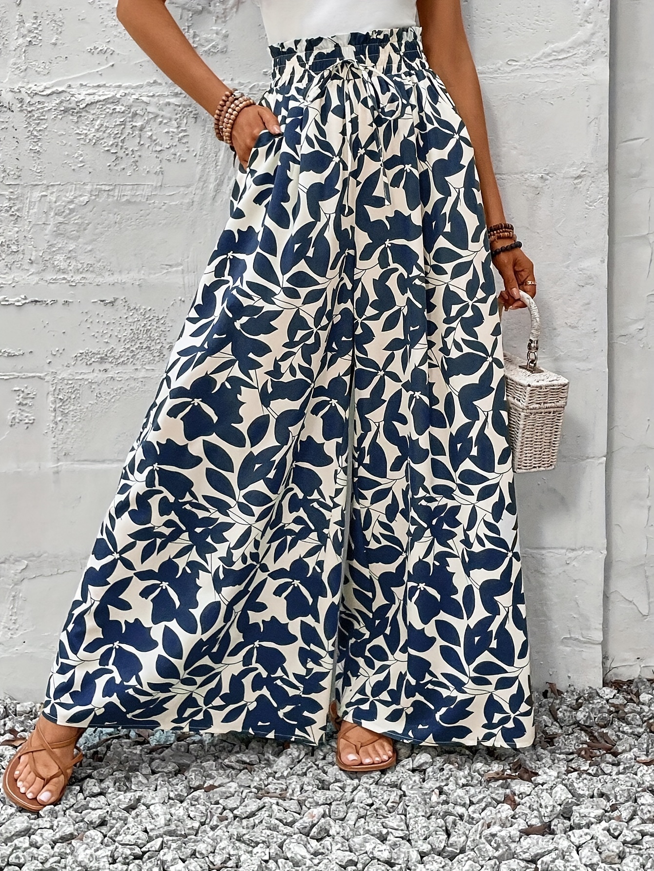romantic womens floral print wide leg loose vacation pants - Temu