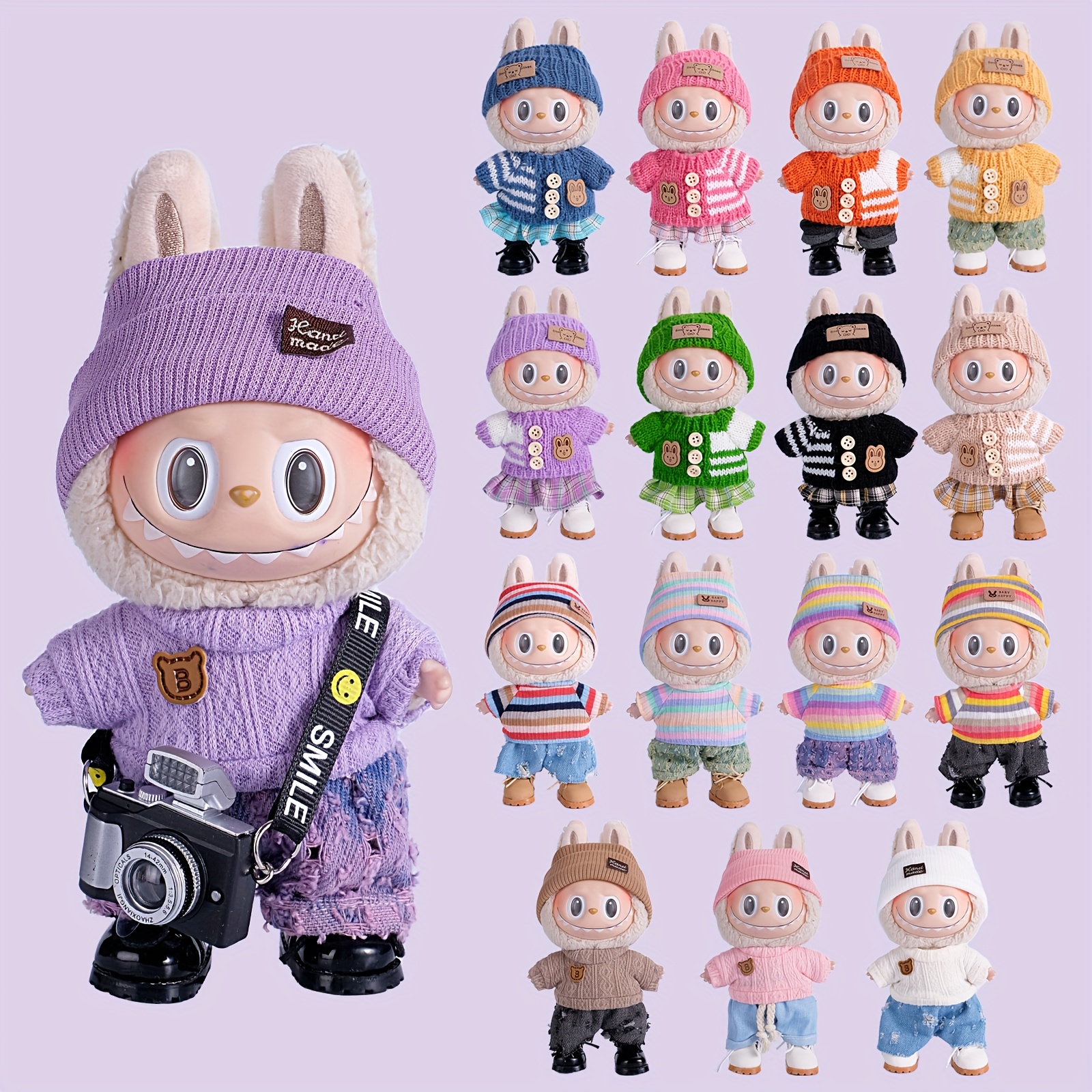 6 69inch doll clothes for labubu with 3 outfits stylish fisherman hat sweaters pants or skirt set for 6 69inch dolls adorable labubu accessories for play display not included shoes doll
