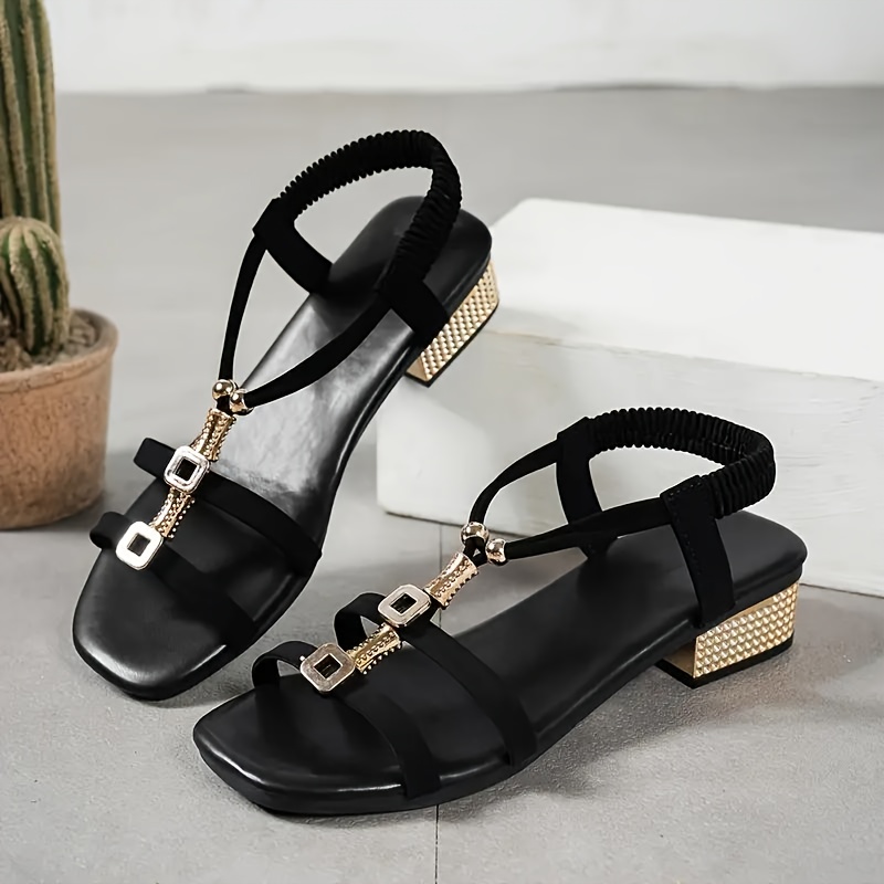 TEMU Black Metal Embellished Rhinestone Chunky Heel Sandals, Exquisite And , Easily Matching Daily And Lightly Mature Style, Women Shoes