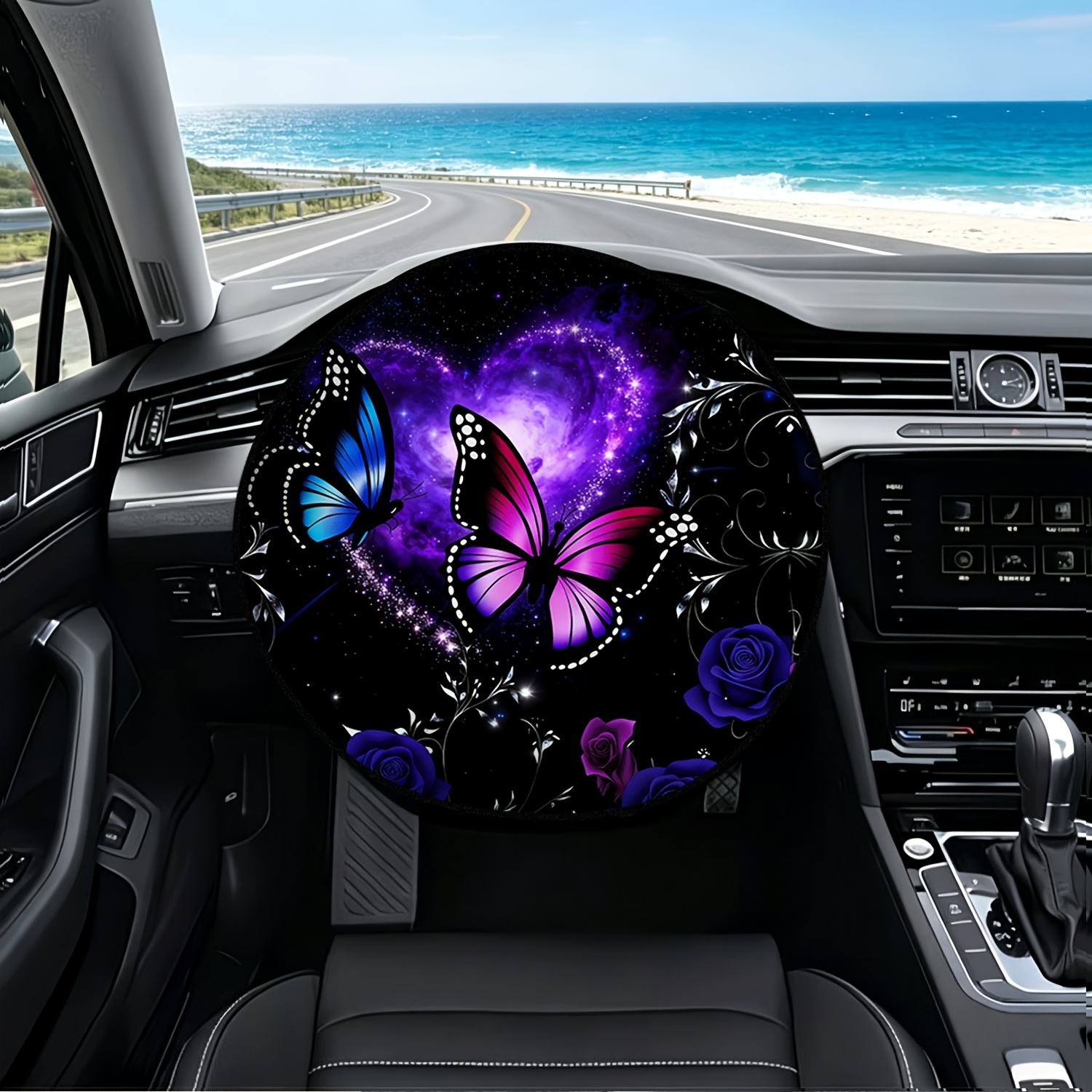 TEMU Pare-soleil de volant de voiture 1 pièce imprimé 2D sur le thème rêveur papillon ciel étoilé rose cœur - solaire pour et protéger , occultation,