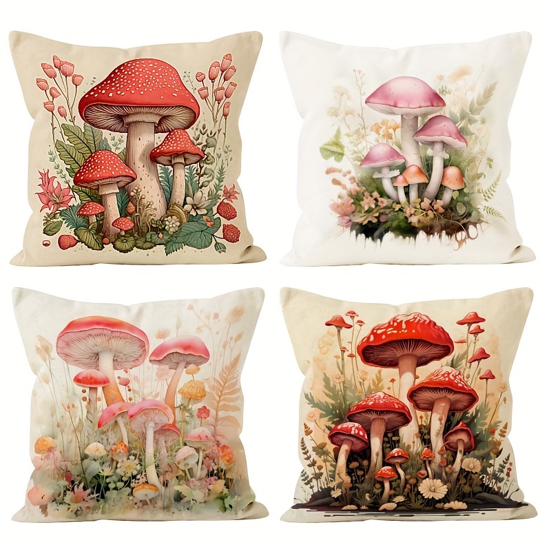 

4pcs Set Mushroom Print Pillowcases - Rustic Room Decor, Zip Closure, Machine Washable, Polyester, 18x18 Inches (inserts Not Included)