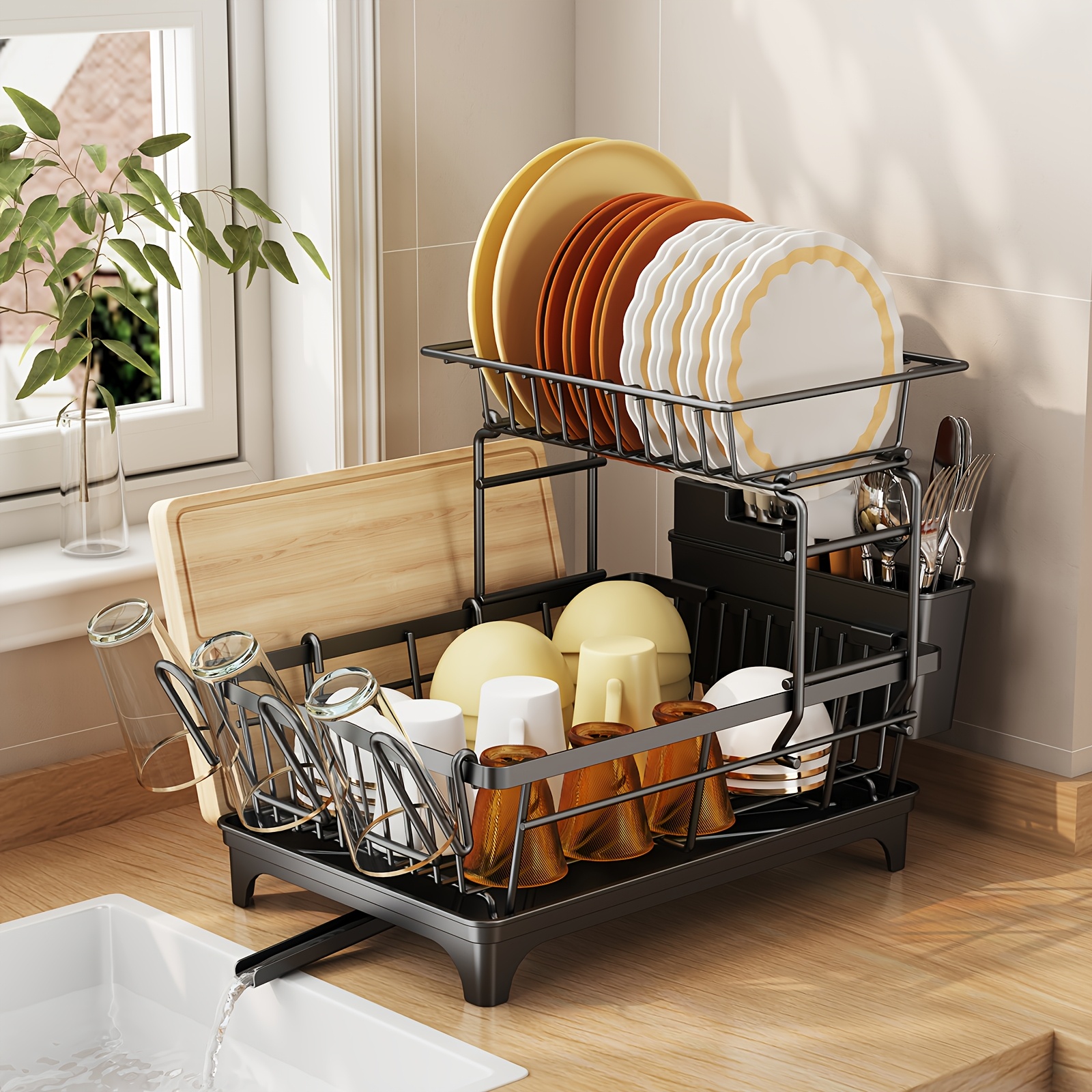 Image of 1pc 2-tier Extendable Dish Drying Rack Made Of Powder-coated Carbon Steel Rust-resistant, Scratch Resistant Stable. With Cup/cutlery/cutting Board Holder And 270° Rotating Drain. Assembly.