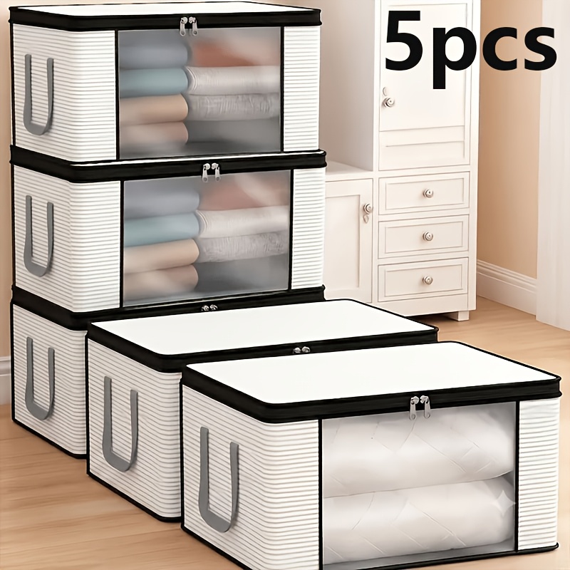 TEMU 5 Pack Extra Large Foldable Storage Bins With Lids & Clear Window - Gray Striped Fabric Clothes Organizer Containers With Handles For Wardrobe,