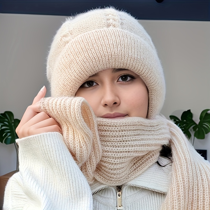 1pc Hat Scarf 2 In One, Women's Versatile Warm Hat, Solid Texture Fried Dough Twists Hat, Neck Earmuff Winter Warm 1pc Beanie Cap Scarf.