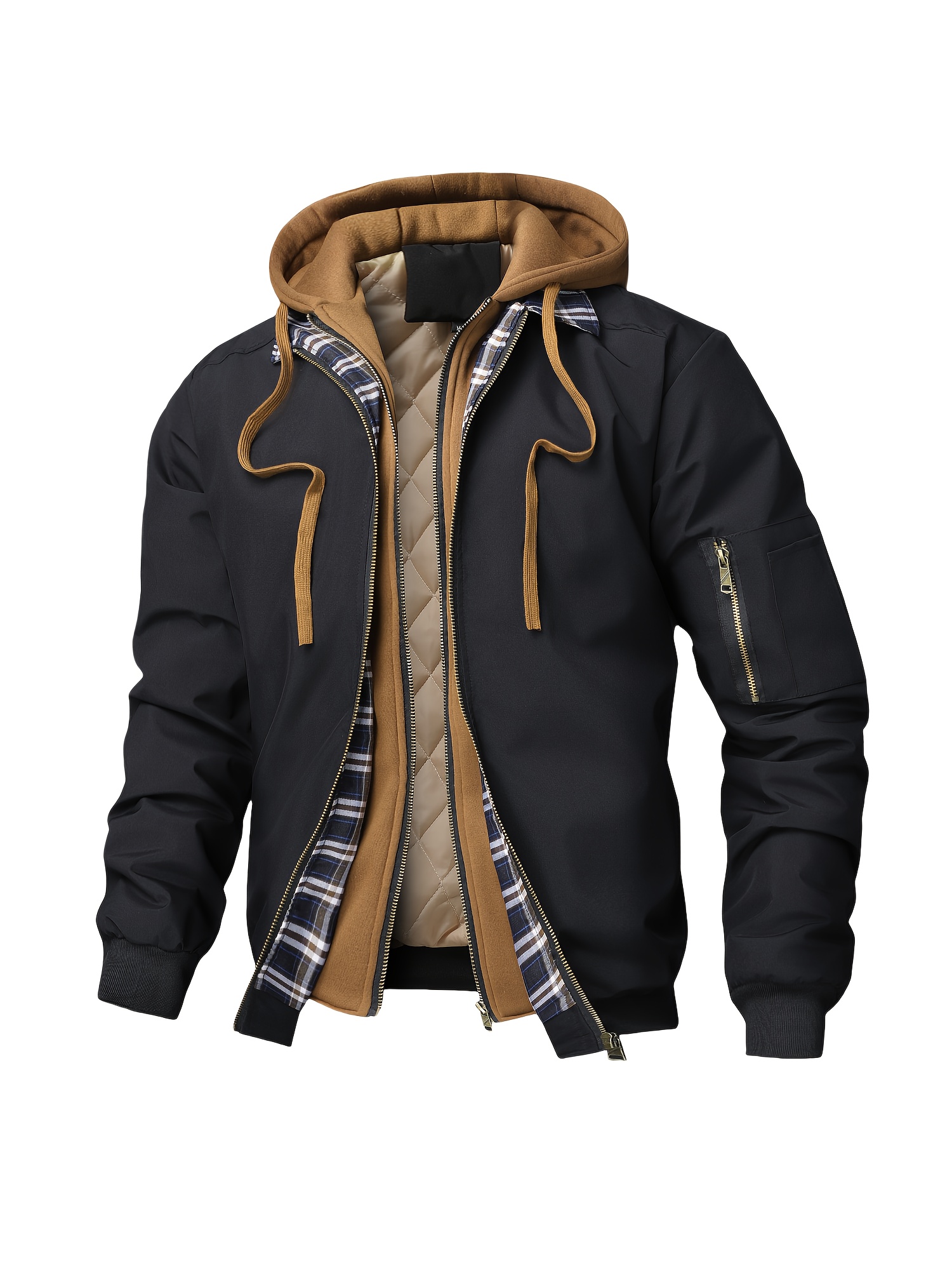 Veste à capuche zippée pour homme à carreaux, coupe décontractée ample, motif brun et noir, capuche ajustable avec cordon, manches longues, doublure en polyester, idéale pour l'automne, l'hiver et le printemps