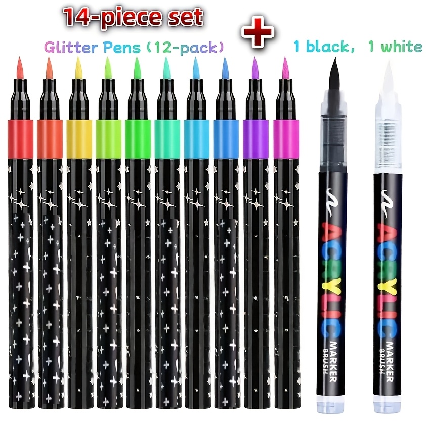 TEMU 14pcs Set Glitter Highlighters With Soft Tips For Students, Art, Drawing, Journaling, And Marking, Featuring Quicksand Pens And Glitter Markers.