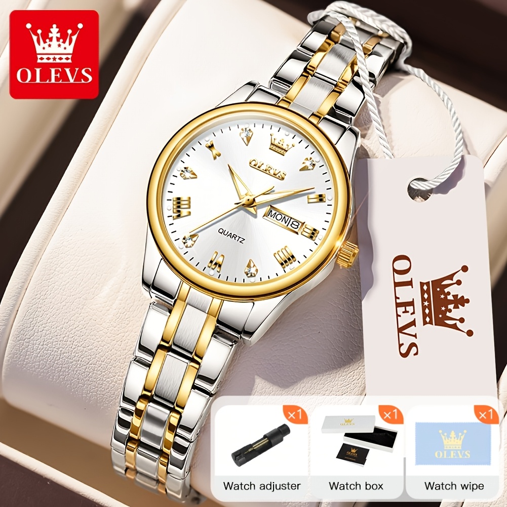 Image of Olevs Women Watches Dress Female Ladies For Small Wrist Watch Elegant Luxury Small Face Golden Silvery Tone Stainless Steel Band Quartz Luminous Lady Watches /golden/blue Dial