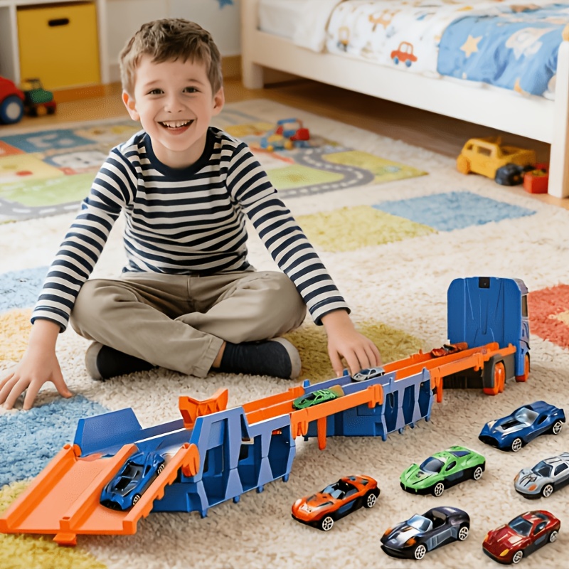 TEMU Véhicule de d'éjection, une voiture jouet adaptée aux garçons et aux filles, camion de de course, livré avec 6 petites voitures de course,