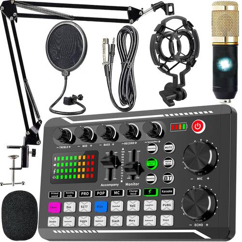 recording studio equipment usb powered sound card with audio interface microphone stand live sound card with dj mixer effects voice changer used for live streaming podcasting gaming dj and content creation complete podcast gear set