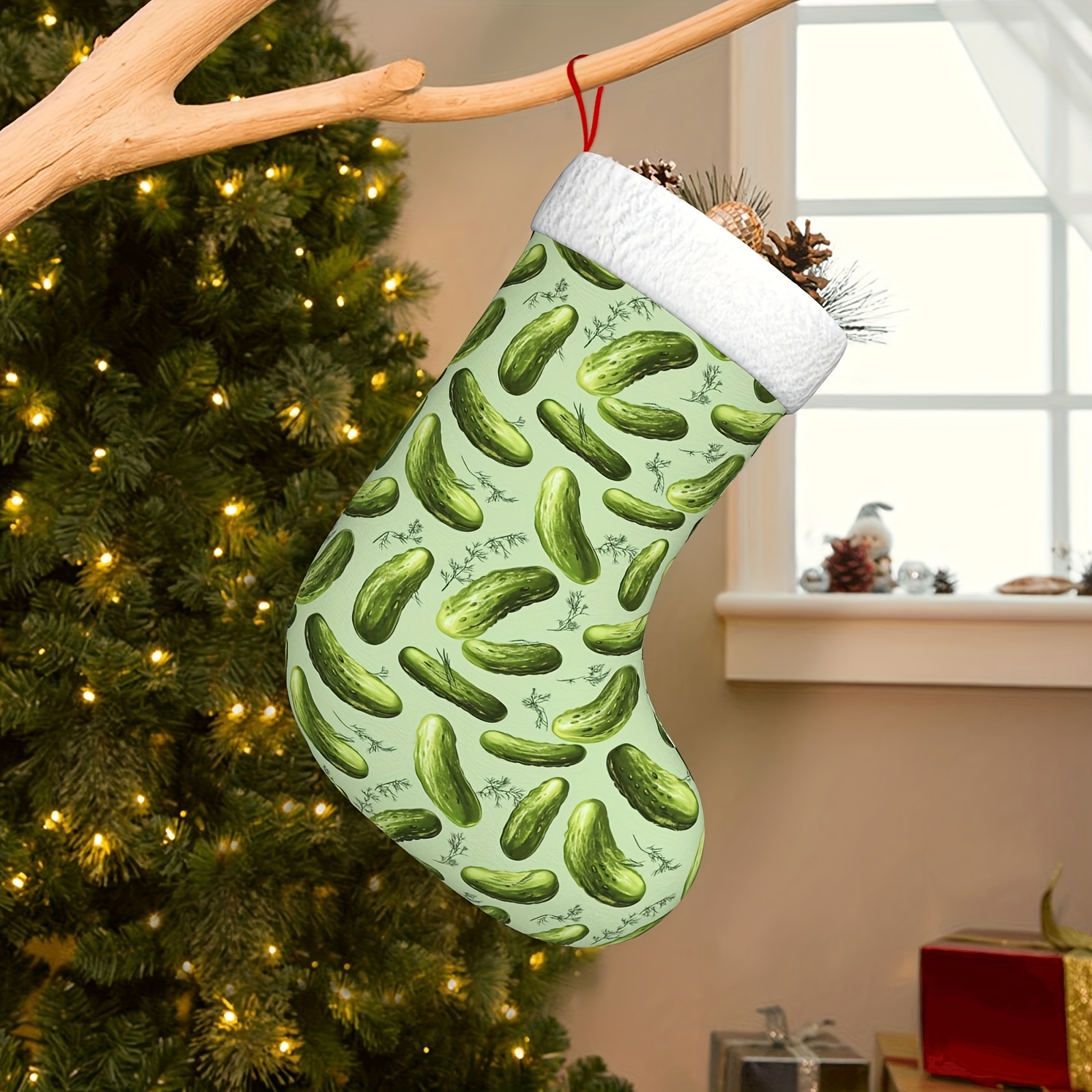 

Large Pickle Christmas Stocking - Festive Polyester Gift Bag With Hanging Loop For & Fireplace Decor, Party Favors