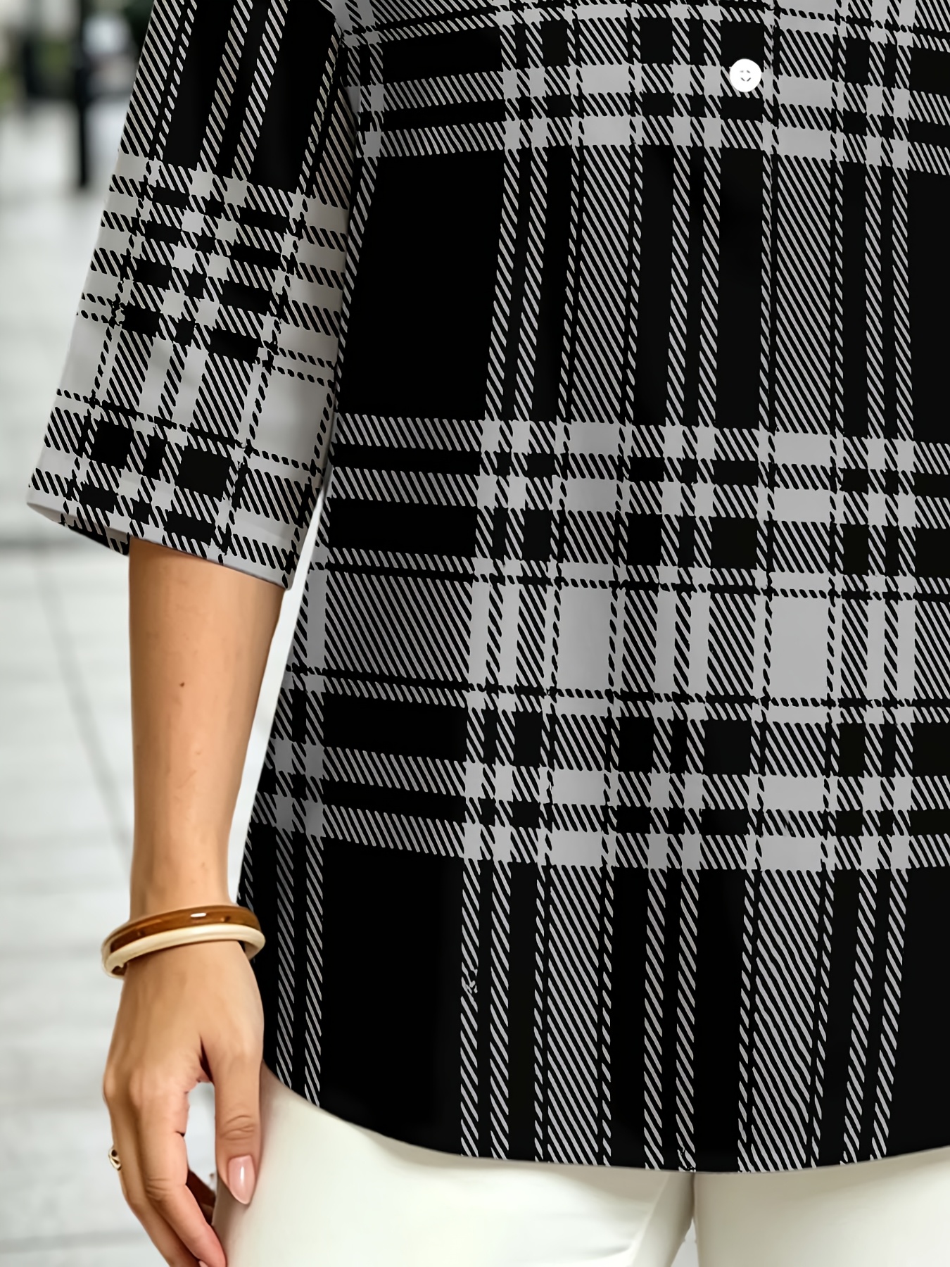 plaid v neck three quarter sleeve blouse for women loose fit casual top new summer fashion shirt for women