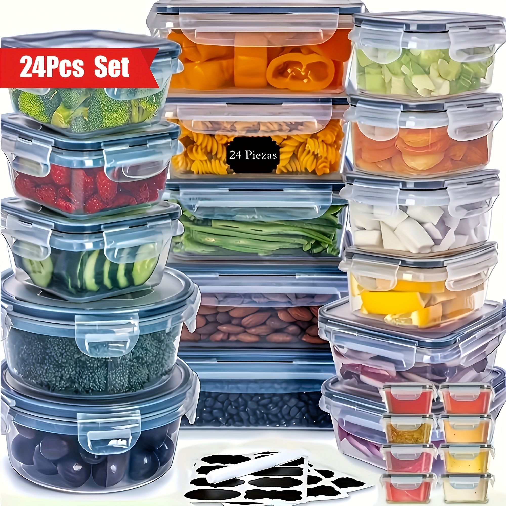 

24pcs Leakproof Kitchen Storage Set - Stackable, Sealable Containers For Fruits, Vegetables & Snacks - Transparent, Space-saving Organizer