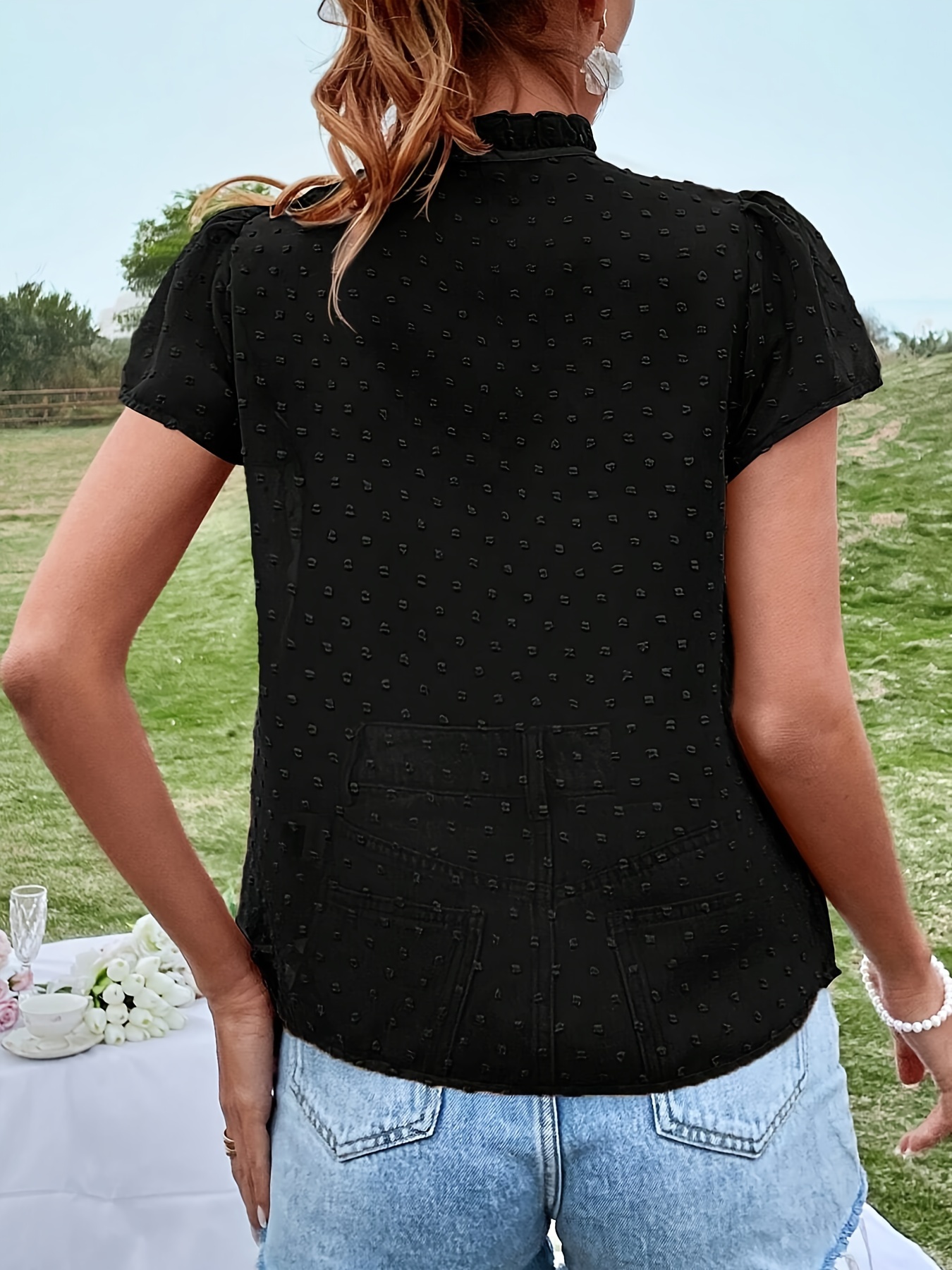 Elegant Deep V-Neck Lace-Up Blouse for Women - Chic Solid Color Shirting Style with Eyelet Detail, Versatile for All Seasons