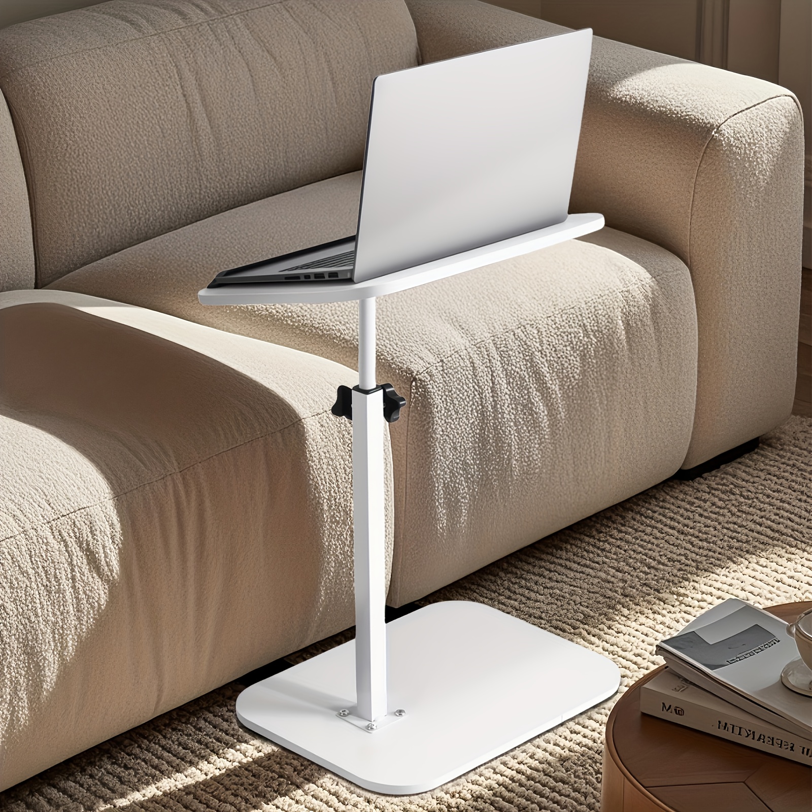 360° Rotating C-Shaped Side Table with Adjustable Height. Compact Stable Laptop Table, Strong Weight Capacity, Built In Storage, Durable Metal Hardwood Adjustable Side Table for Sofa, Bed, Or Bathtub for Home Desk, Coffee Table And Bedside Sofa
