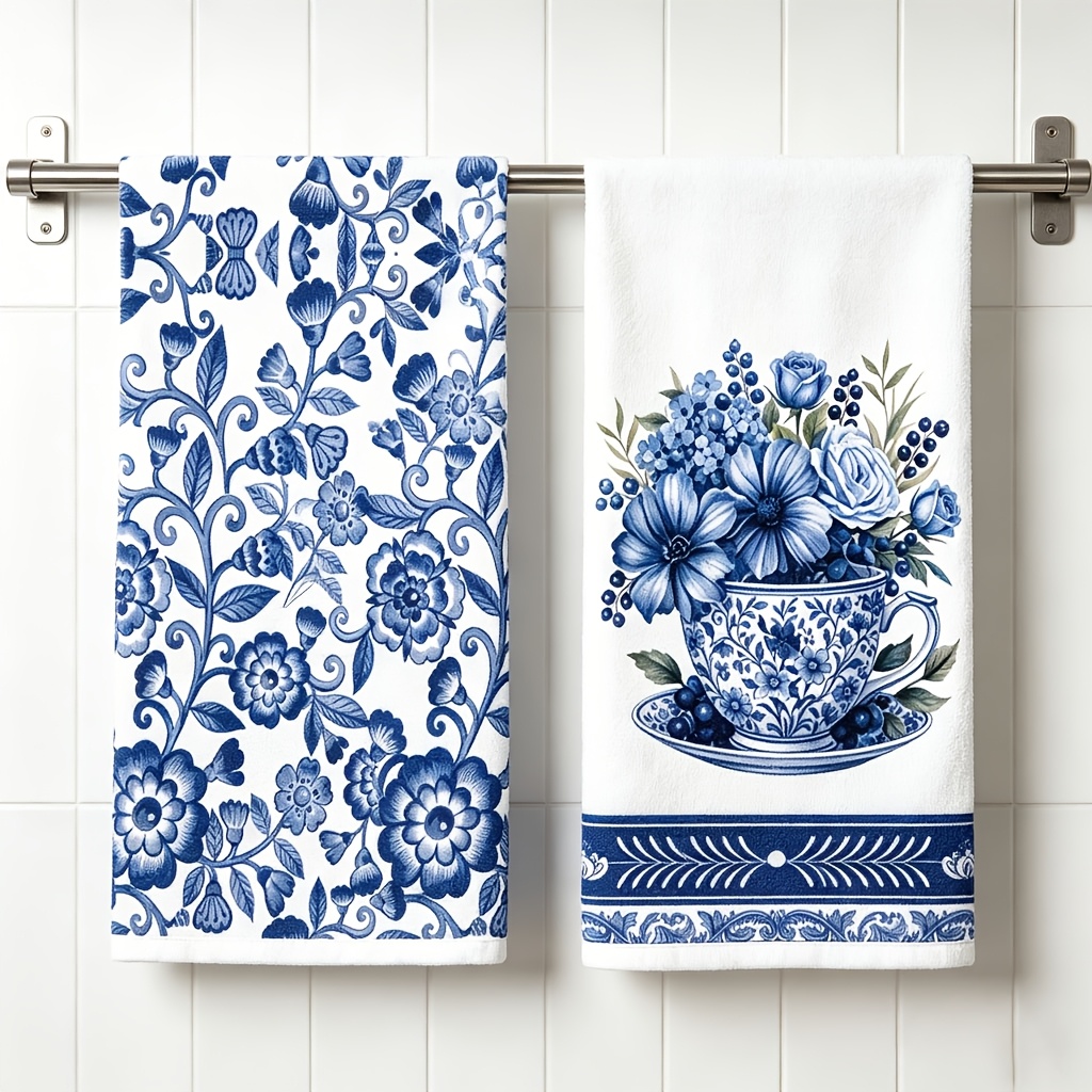 TEMU 2pcs Blue And White Floral Kitchen Towels, Chinoiserie Style Absorbent Tea Towels, Elegant Blue Dish Towels For Drying Dishes And Kitchen Decor,