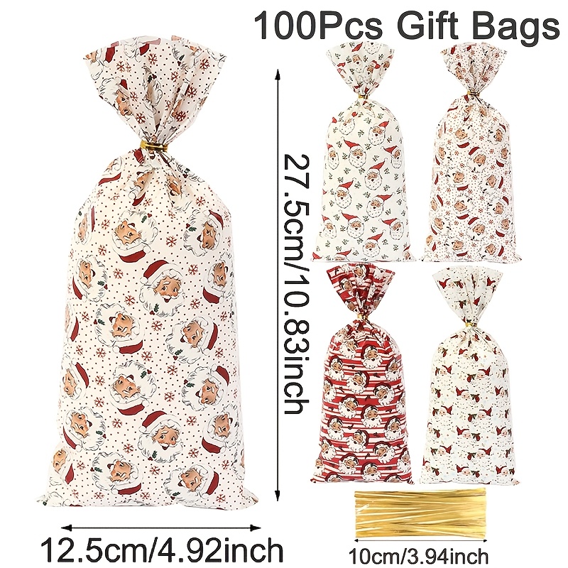 TEMU Paquete de 25/50/100 bolsas de celofán navideñas para dulces con , aptas para colgar, de 4 diseños de Papá Noel y , bolsas de plástico para