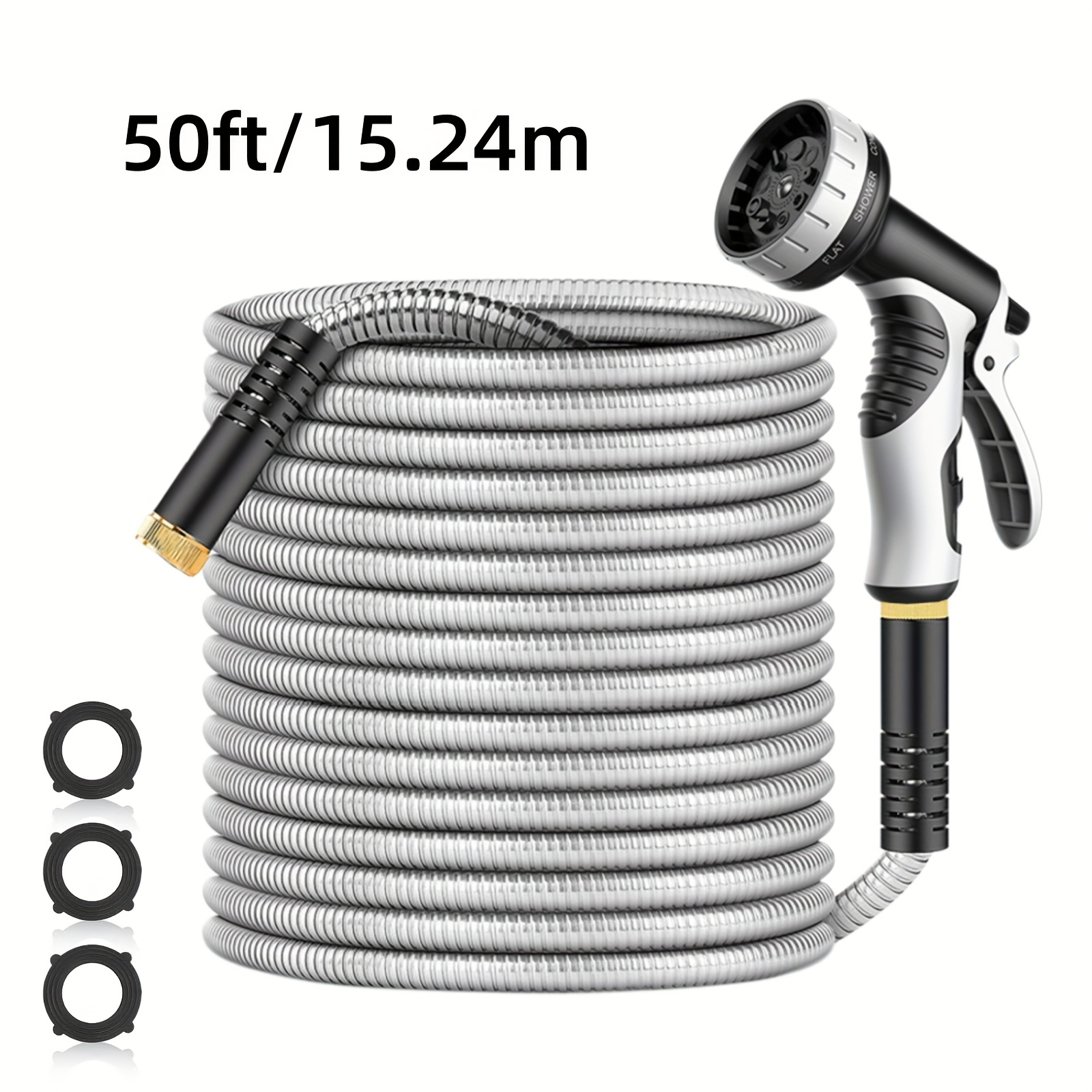 TEMU Tuyau d'Arrosage en Acier Inoxydable Robuste de 15m VyGrow - Résistant aux Perforations, Souple Anti-Ponction avec Buse à 10 Fonctions pour