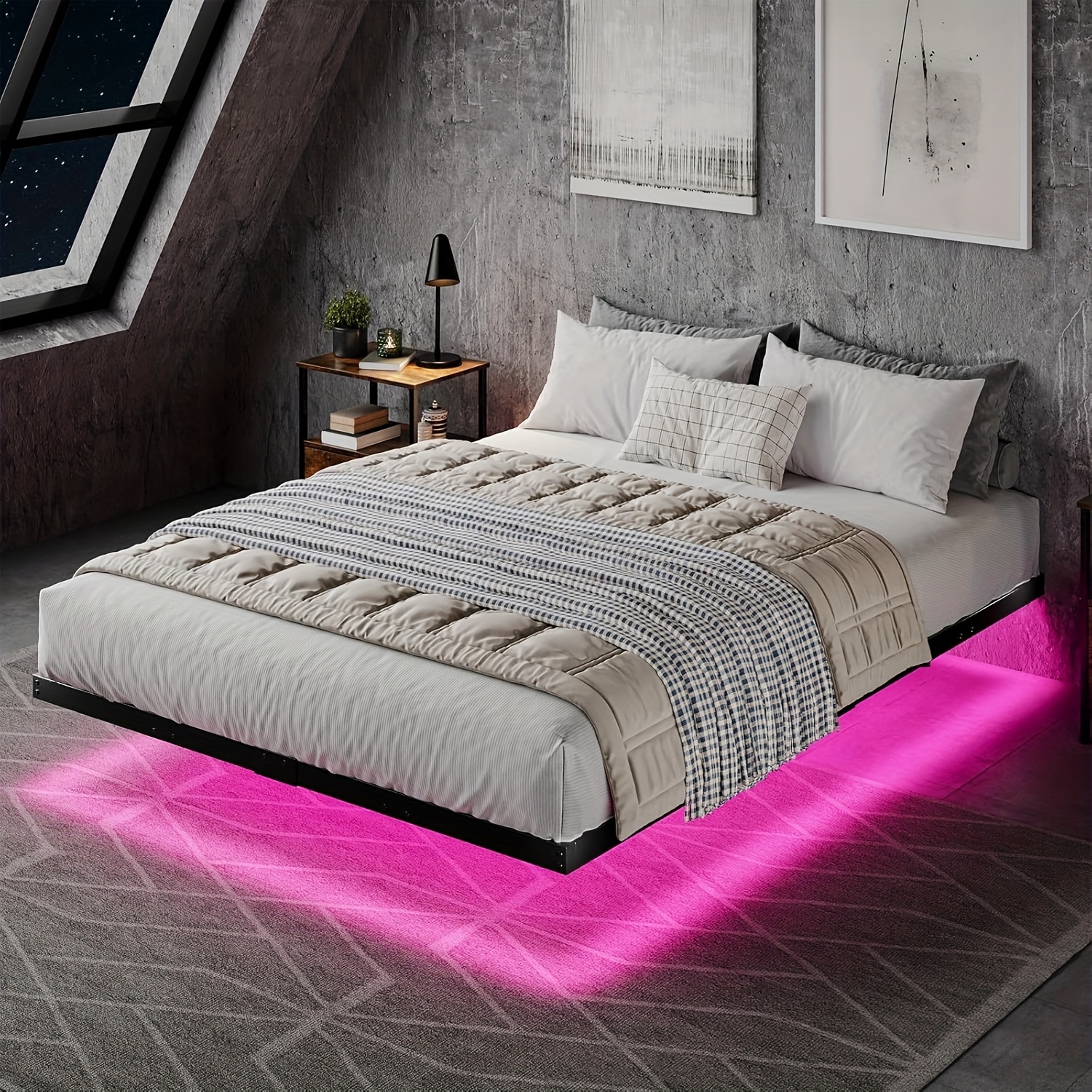 TEMU Full Queen King Size Floating Bed Frame With Led Lights, Metal Platform Bed With Heavy Duty Steel Slats, Large Under Bed Storage, Spring Needed,