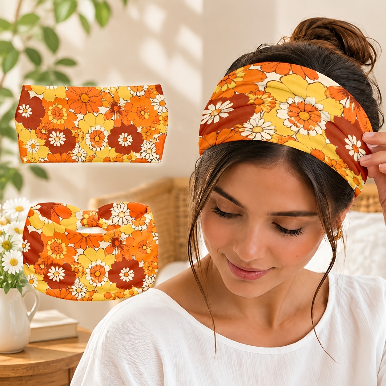 TEMU 1 stuk Vintage jaren '70 Retro Oranje Groovy Veelkleurige Bloemen Strik- Hoofdband - Zeer Elastische Zachte Ademende Zweetabsorberende Haarband
