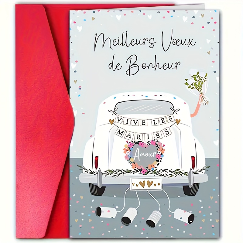 TEMU 1 Carte de Vœux + 1 Enveloppe, Carte de Mariage Élégante de Style Français avec Enveloppe - Motif " Les Mariés", Voiture Vintage et Décorations