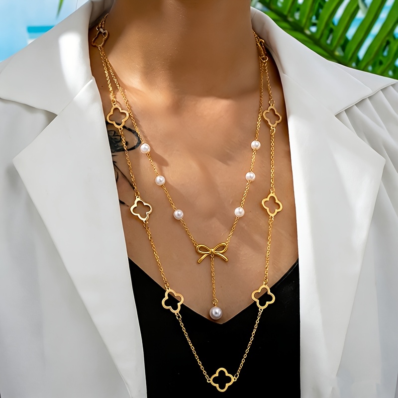 TEMU 2pcs Pendentif Nœud Collier Élégant avec Collier de Fleurs Tendance et Élégant, Ensemble de Bijoux en Acier Inoxydable, Parfait pour les Fêtes