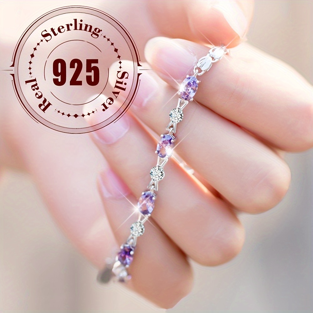 

925 Sterling Silver Bracelet With Purple Cubic Zirconia Elegant & , Jewelry Gift For Female