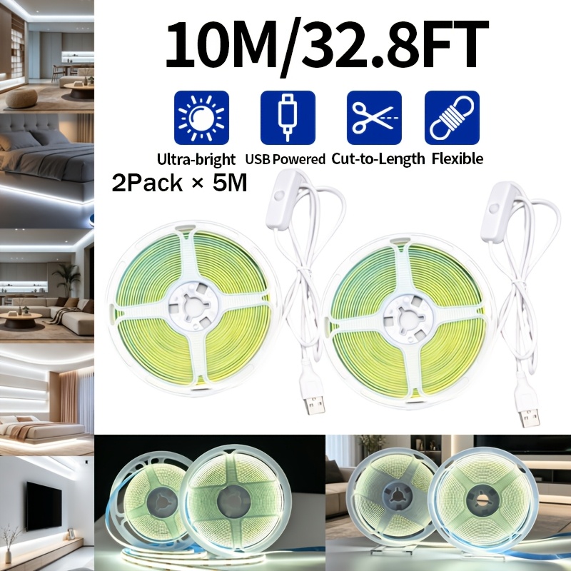 TEMU Smart Led 2 Pack 10m Extra Long Cob Led Light Strips, High Density Uniform Lighting, Flexible Cuttable Led Tape,no-drill Linear Light Ambient