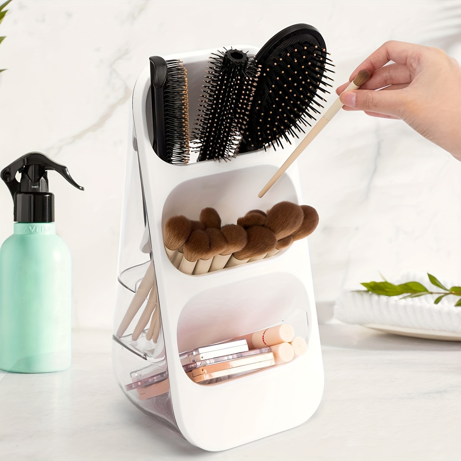 3 tier makeup brush holder organizer with multiple compartments lightweight plastic countertop storage for brushes lipsticks skincare products and stationery   bathroom or vanity display makeup brush holder Product details 5