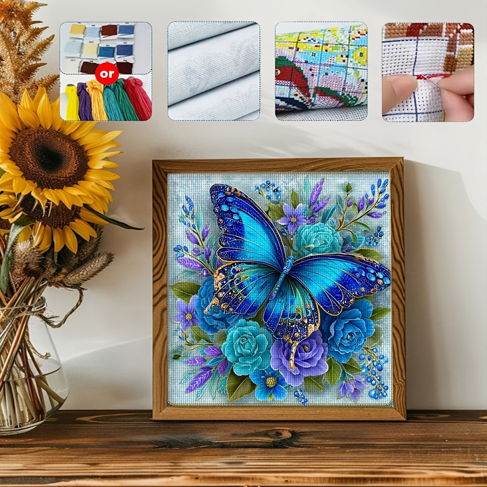 TEMU 1 Set Floral Blue Theme Printed Kit 11ct Precise Print Embroidery Material Pack With Pre-printed Fabric Pattern Instructions 14.17x14.17 Inches
