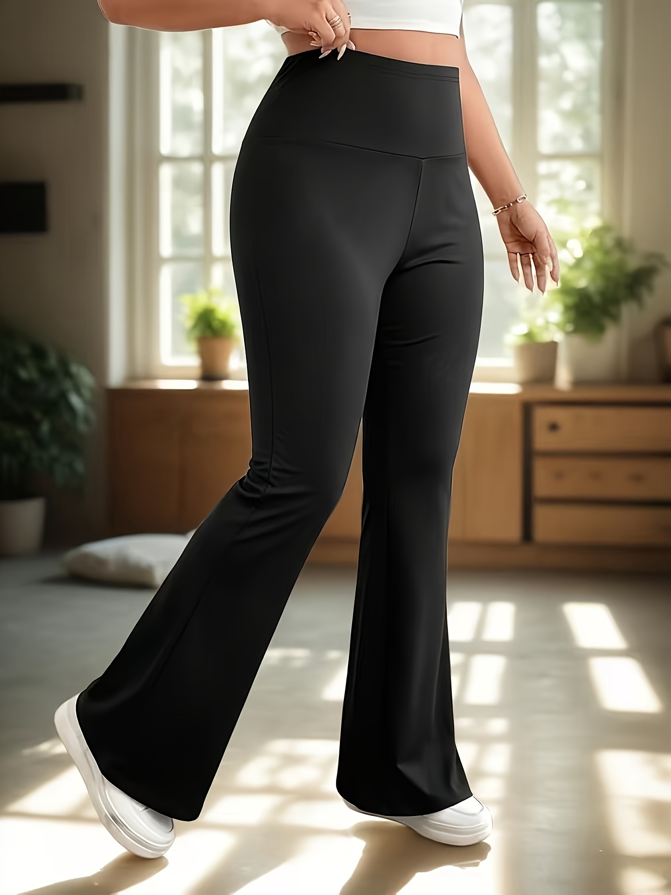 plus size extended size womens black leggings wide leg pants flare pants casual solid color stretch polyester pants suitable for spring and autumn comfortable and stylish versatile apparel elegant plus size medium stretch fabric