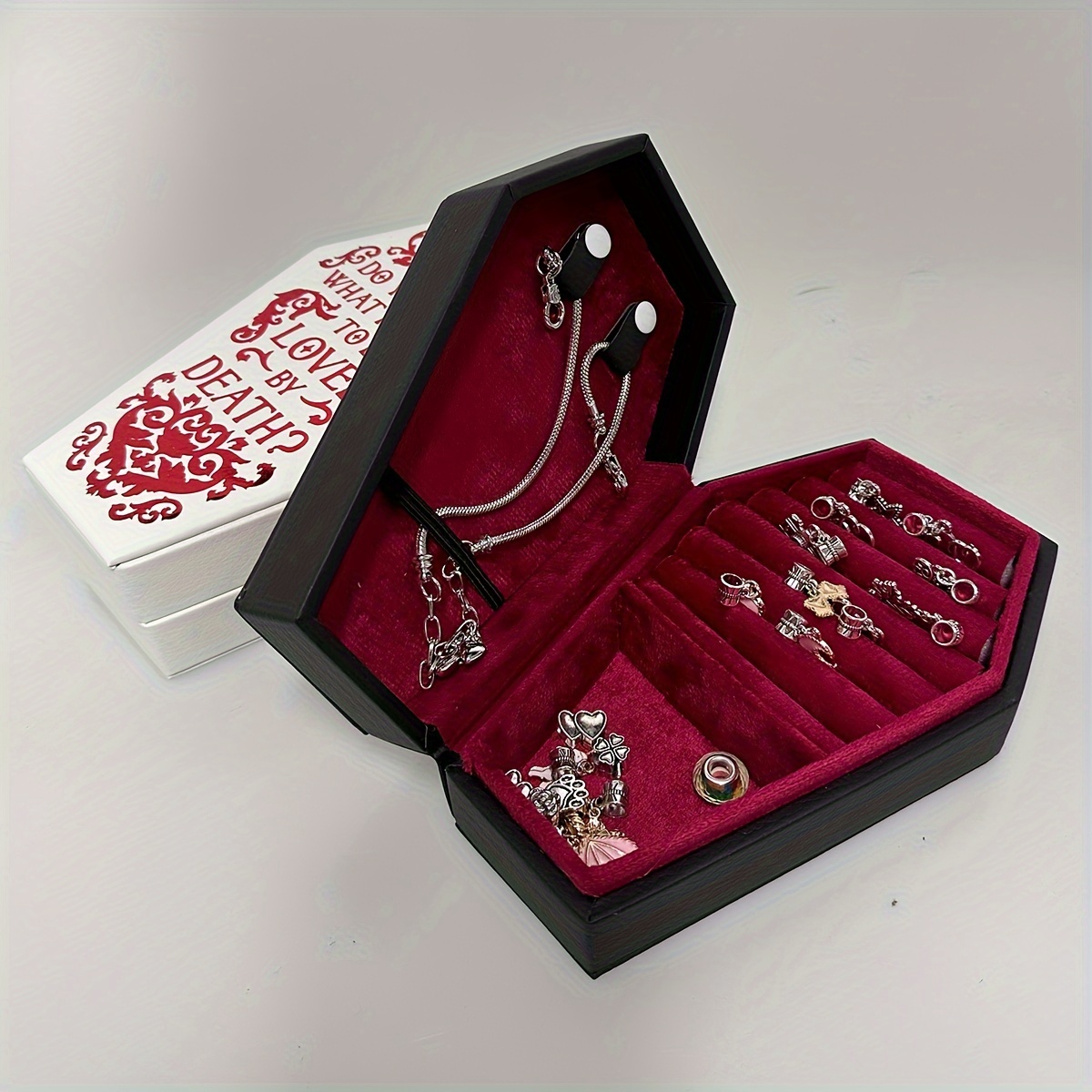复古哥特风心形首饰盒 - 黑色pu合成皮革棺材式内衬丝绒收纳盒，多格戒指项链耳环整理器，优雅万圣节女士礼物，奢华主题设计，时尚外观 商品详情 4
