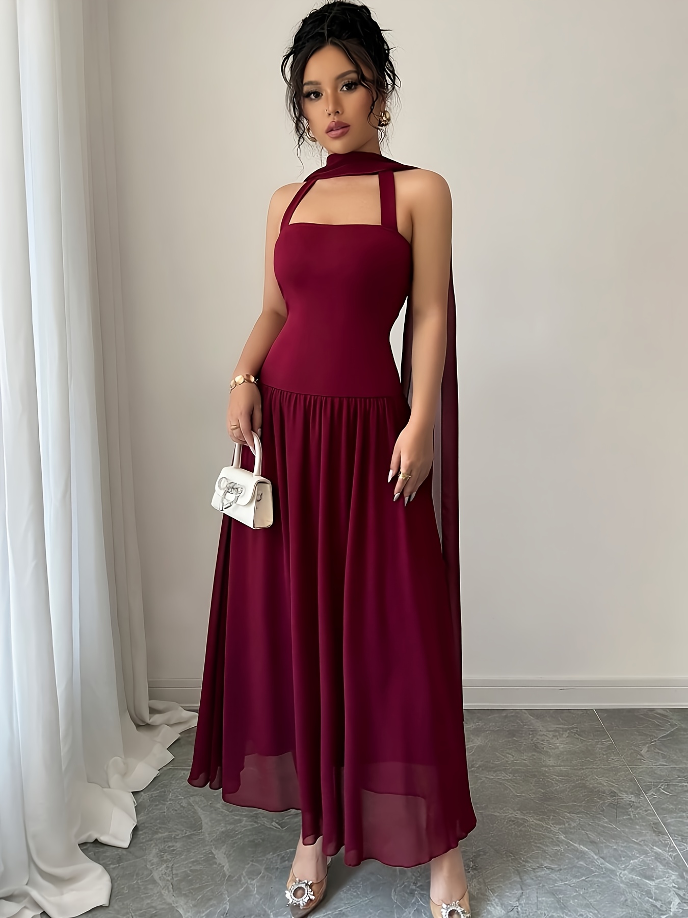 elegant wine red halter dress women a chiffon hem chiffon