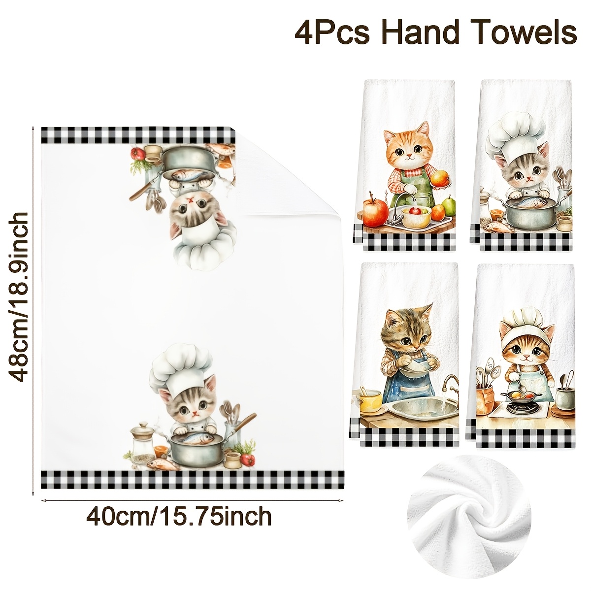 Image of 4pcs Cute Cat Chef Kitchen Towels, Cat Lover Gift, Mixed Microfiber Dish Towels With Trim, Absorbent Hand Towels For Mom, Housewarming Gift, Reusable Kitchen Cleaning Cloths For Home Kitchen Decor