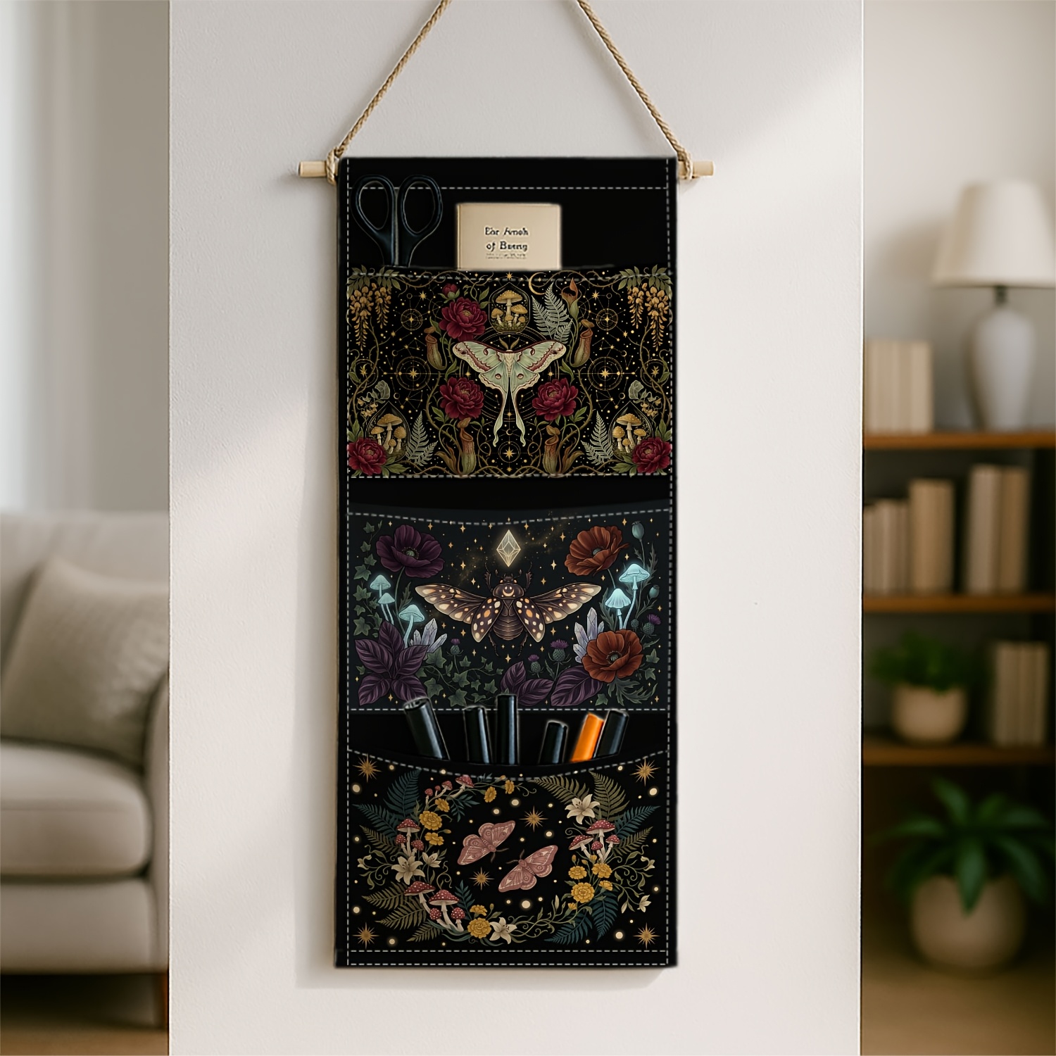 TEMU 1pc Dark Academia Mystical Wall-mounted Storage Bag, Moth Mushroom Crystal, Fabric Hanging Storage Unit For Living Room, Bedroom, And Bathroom,