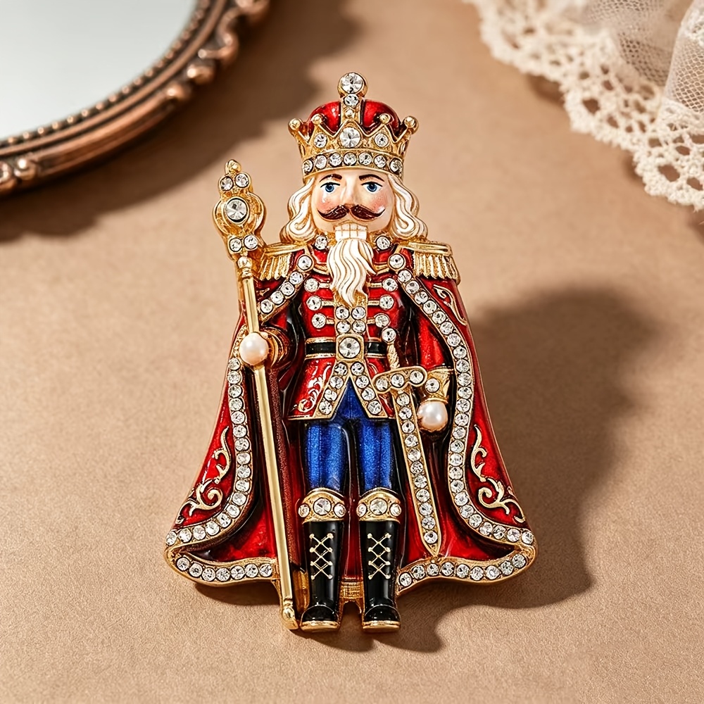 TEMU 1pc Solevdo Nutcracker Brooch Pin - Enamel Rhinestone Lapel Suitable For Coats, Bags, Hats | Vintage Royal Nutcracker Soldier Inlaid Jewelry |